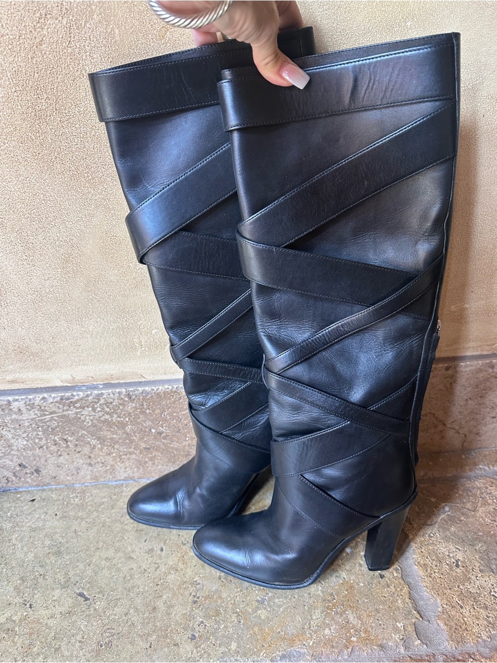 Saint Laurent Strappy Leather Wrap Around Tall Knee High Block Heeled Boot Black